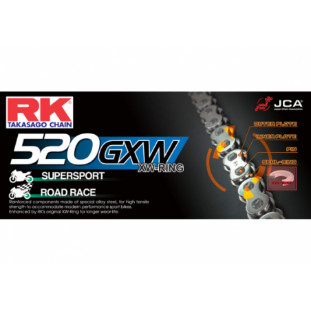 Chaine 520GXW RK XW'Ring Ultra Renforcée Couleur Acier